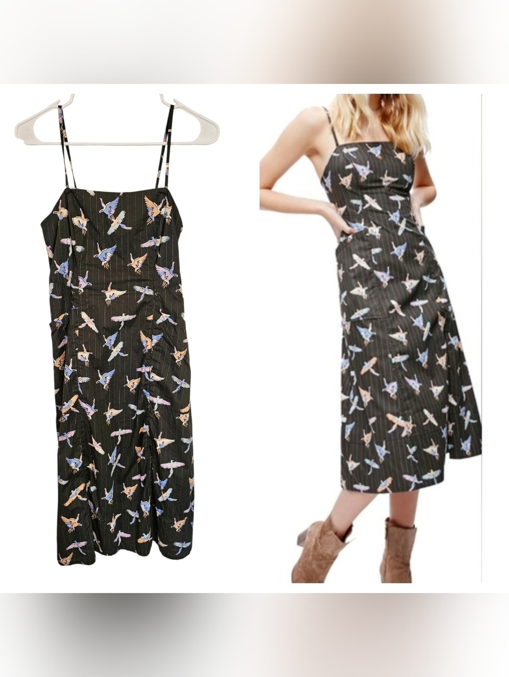 Free People Sunshine of Your Love Pinstripe Bird Print Midi Dress